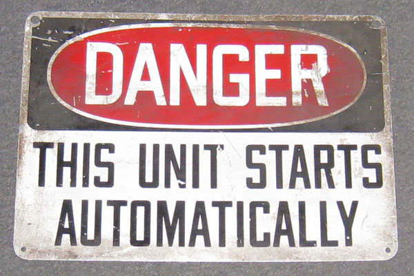 Sign-Danger this unit starts automatically, stock number S-0031