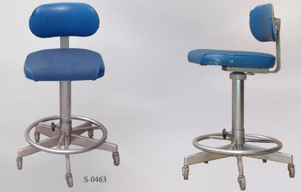 Stool, metal frame, 16"w x 16"d blue vinyl/fabric, another photo