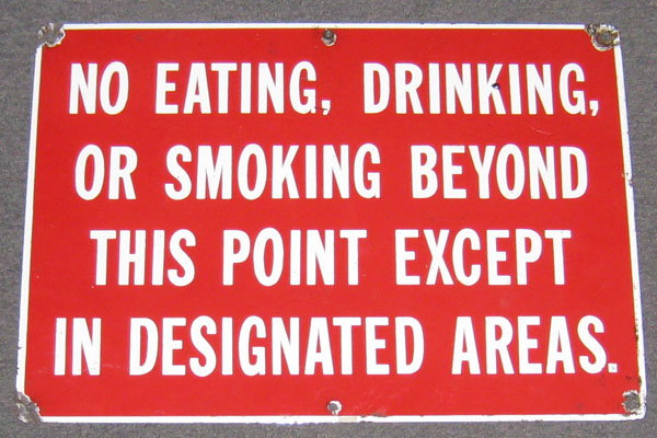 Sign-No Eating Drinking or Smoking Beyond This Point Except In Designated Areas, stock number S-0469