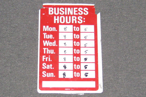 Sign-Business Hours - lists days of the week with spaces to write in times, stock number S-1083r