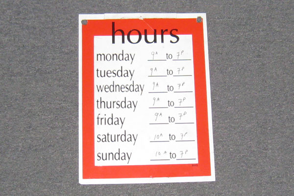 Sign-Hours Monday - Sunday _____, stock number S-1488