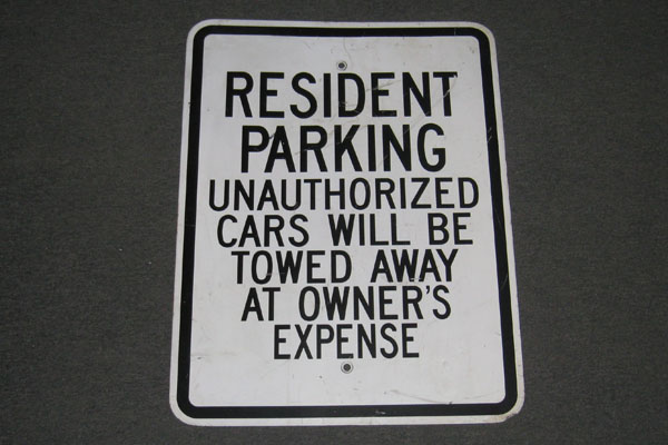 Sign-Resident parking unauthorized cars will be towed away at owners expense, stock number S-1647