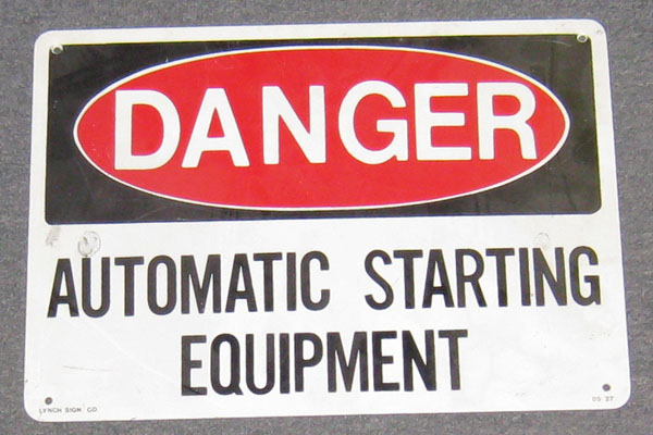 Sign-Danger Automatic Starting Equipment, stock number S-2102