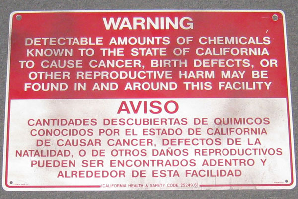 Sign-Warning Detectable Amounts Of Chemicals Known To The State Of California..., stock number S-2208