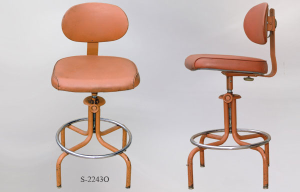 Stool, metal frame, 17"w x 16"d orange vinyl seat/back, another photo