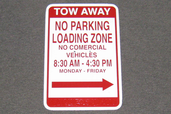 Sign-Tow Away No Parking Loading Zone No Commercial Vehicles...red/wht, stock number S-2294