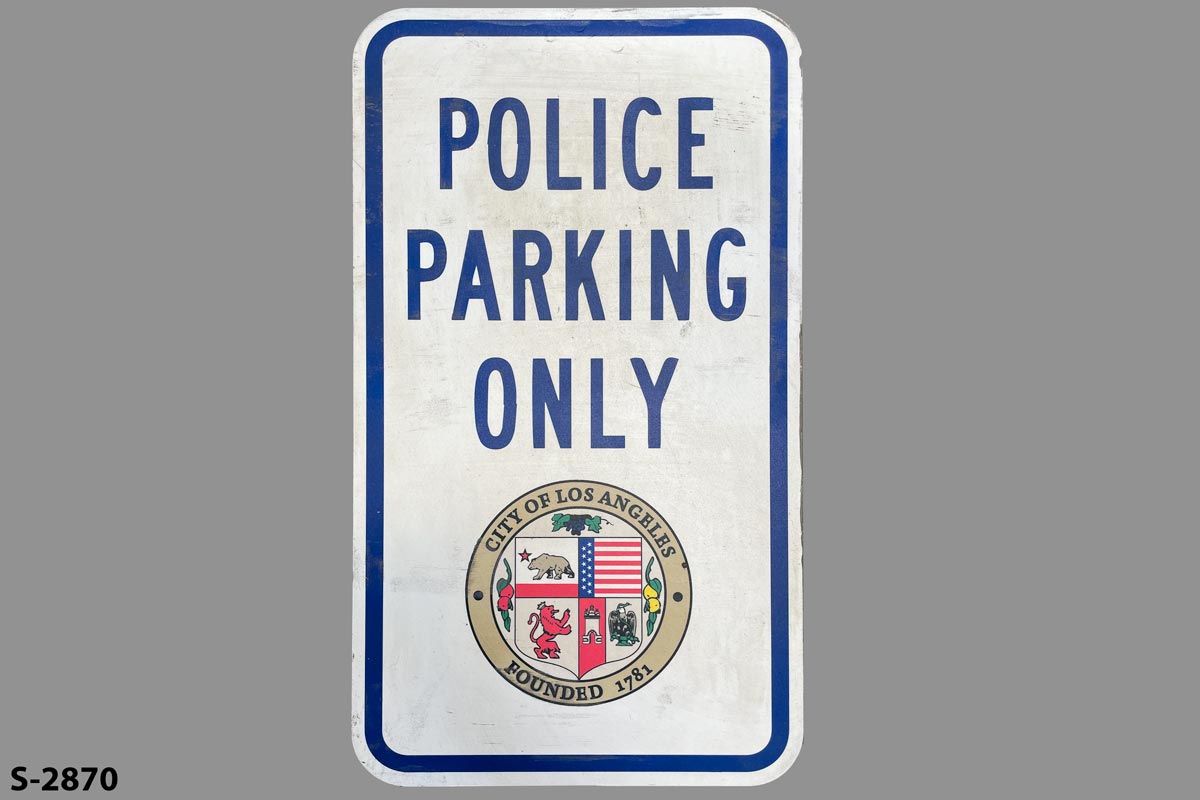 Sign-Police Parking Only-w/city seal Los Angeles; wht/blk plastic, stock number S-2870