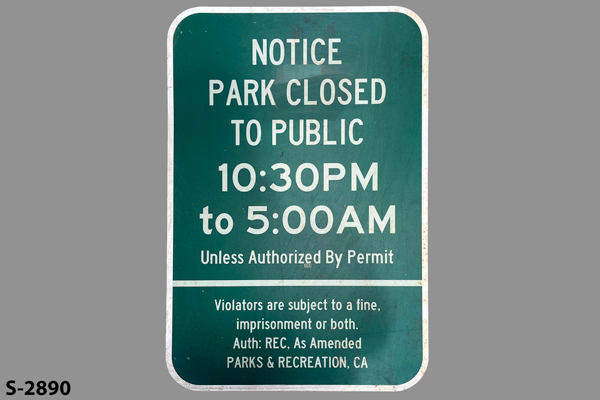 Sign-Notice Park Closed To Public 10:30pm to 5:00am, stock number S-2890