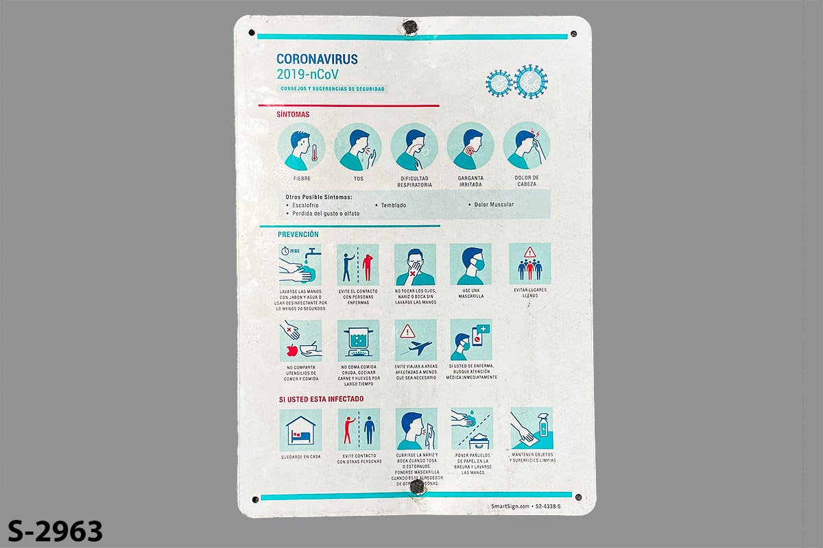 Sign SPANISH "Coronavirus 2019-nCoV Safety Advice & Tips" shows symptoms, stock number S-2963