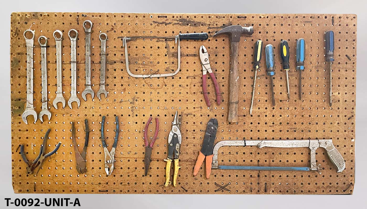 Tool board, brown, w/ 22 old tools, 48"w x 24"t, another photo