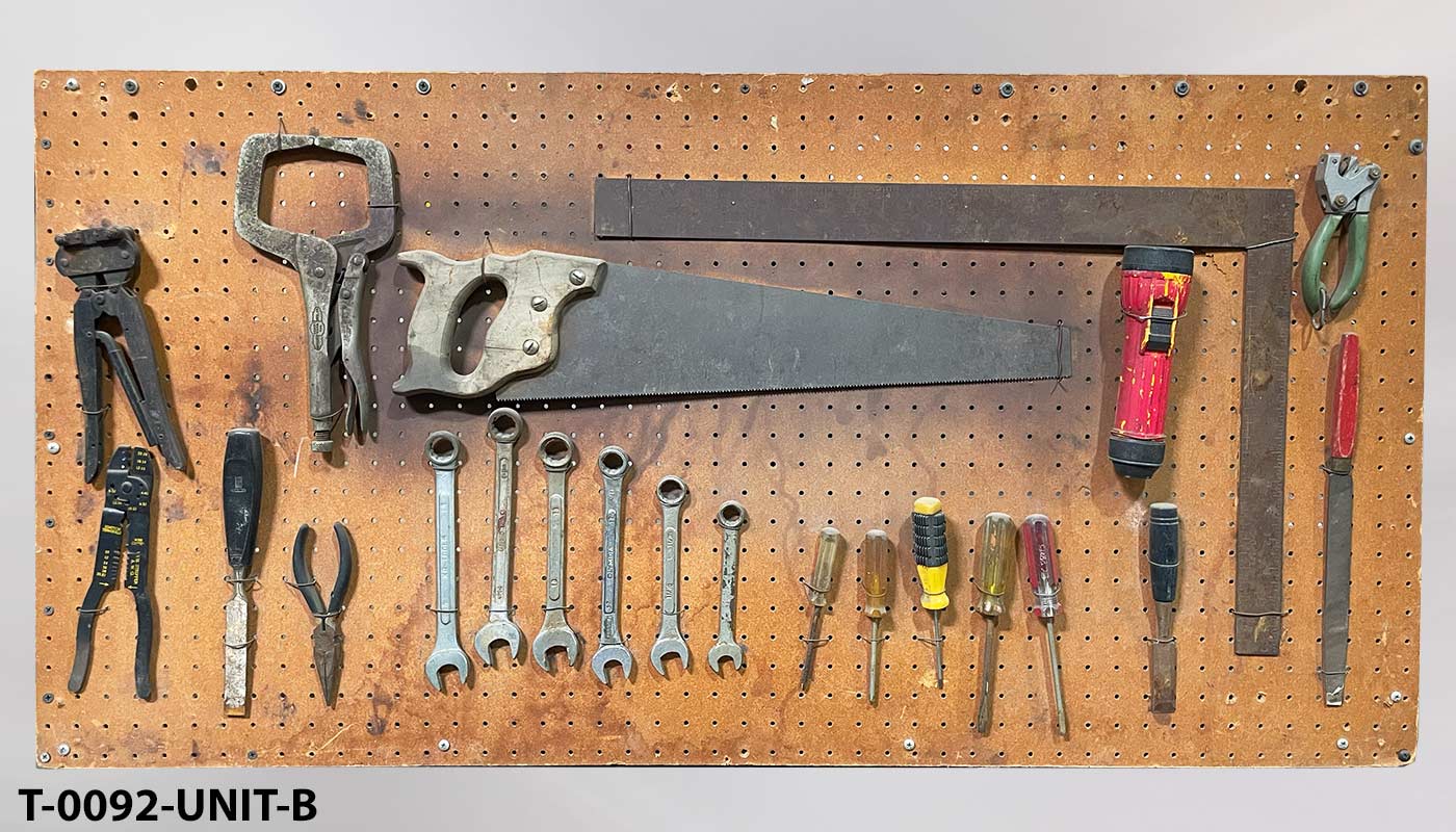 Tool board, brown, w/ 22 old tools, 48"w x 24"t, another photo
