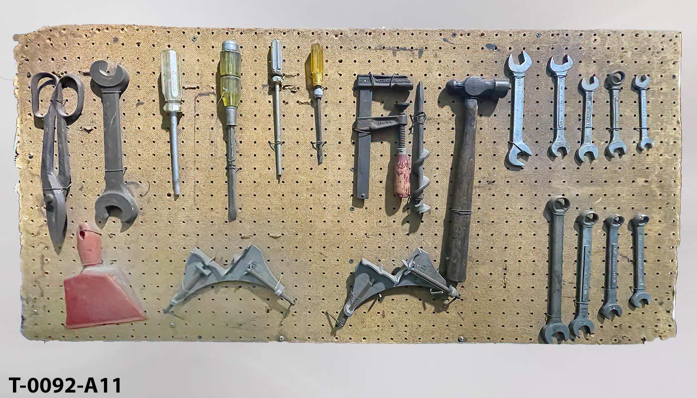 Tool board, brown, w/ 22 old tools, 48"w x 24"t, another photo