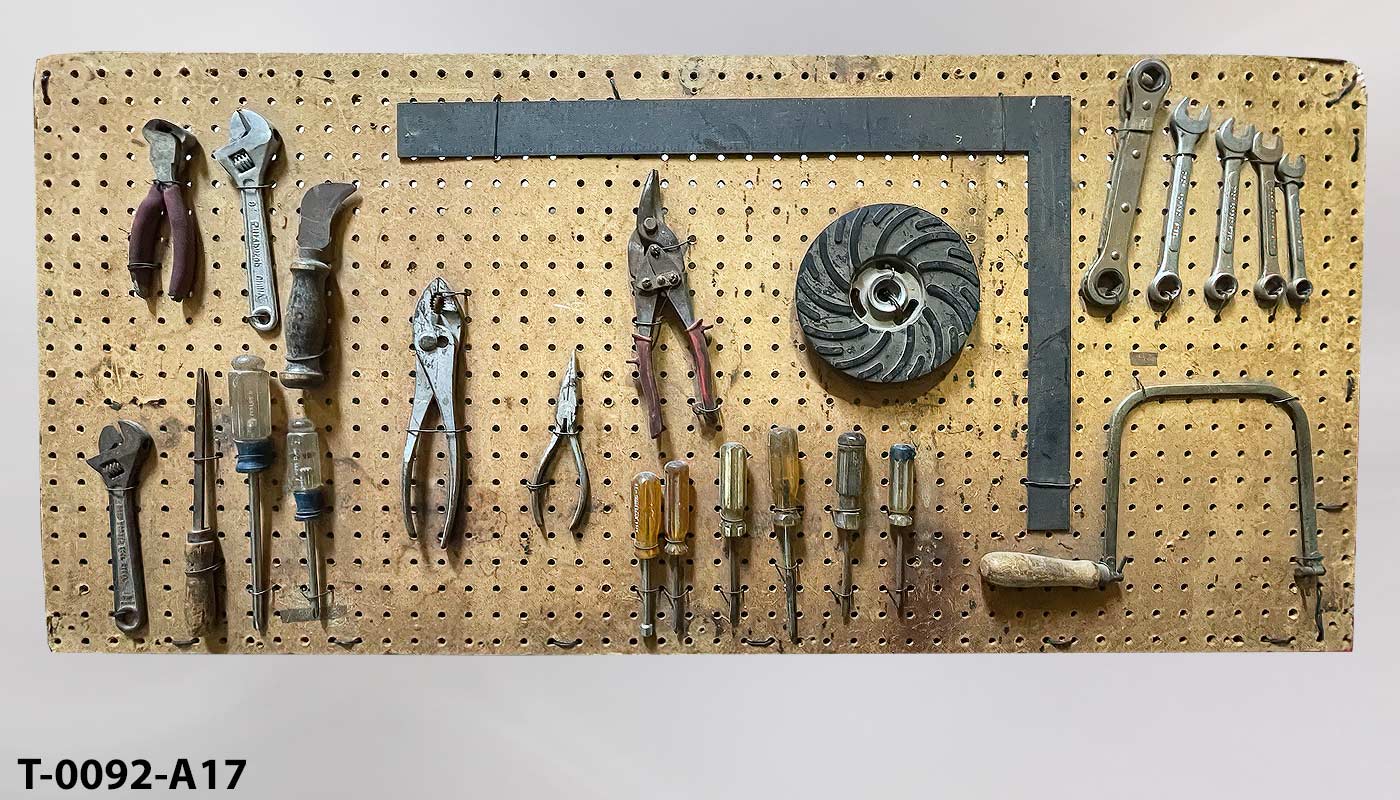 Tool board, brown, w/ 22 old tools, 48"w x 24"t, another photo