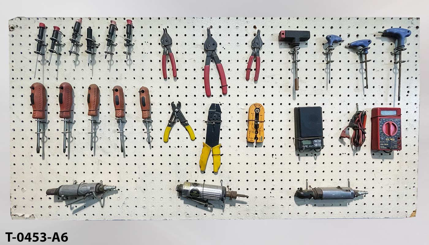 Tool board, white, w/ small electronics/air gun tools, 48"w, another photo