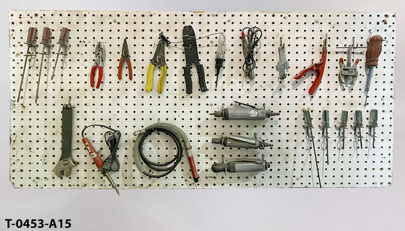Tool board, white, w/ small electronics/air gun tools, 48"w, another photo