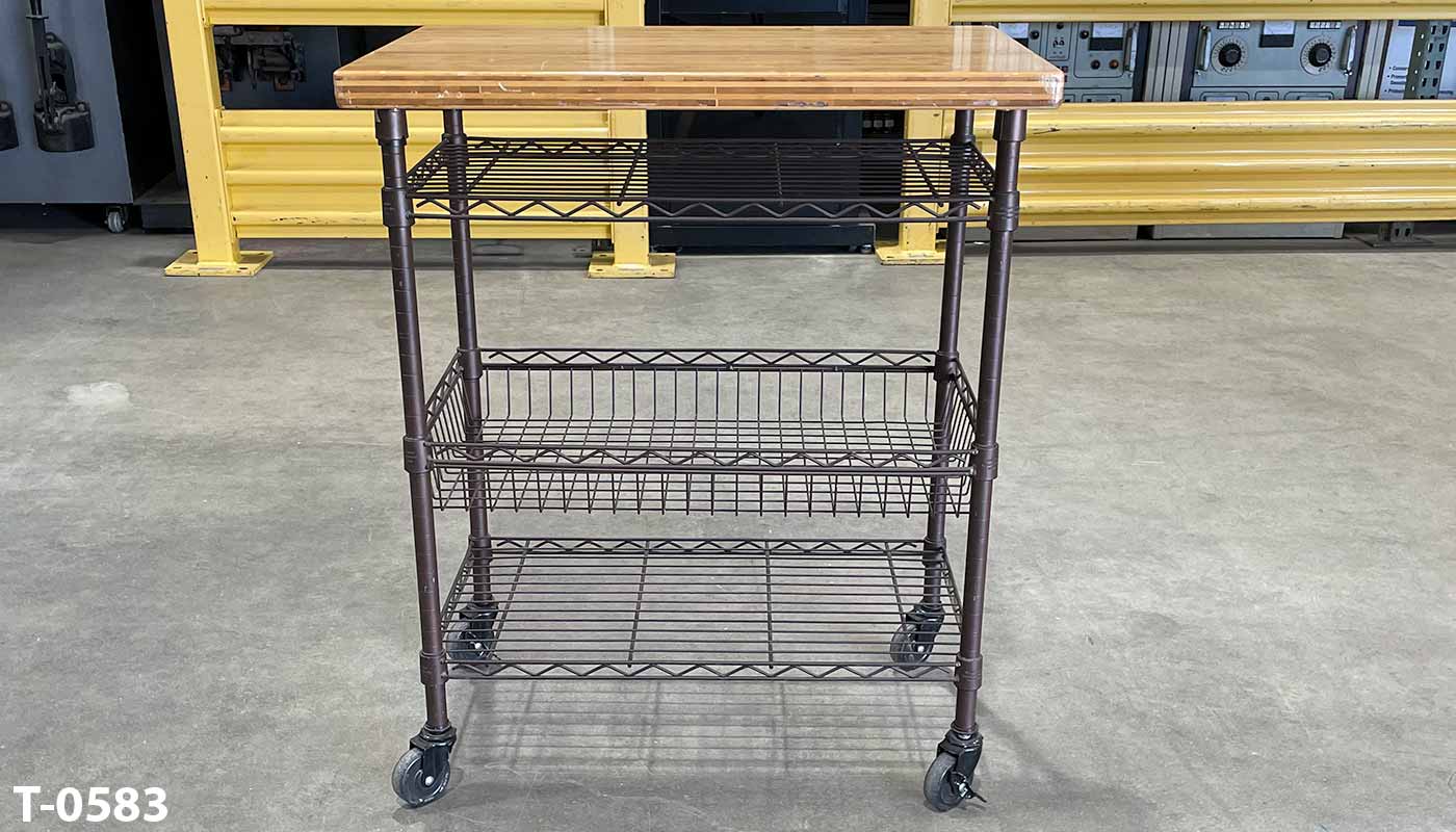 Table, metro, bronze finish, casters, wood top w/ 2 wire, another photo