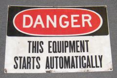 Sign-Danger this equipment starts automatically, stock number S-0090