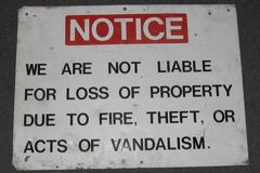 Sign-Notice we are not liable for loss of property due to fire, stock number S-0457