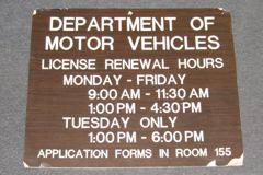 Sign-Department Of Motor Vehicles License Renewal Hours Monday-Friday, stock number S-1158