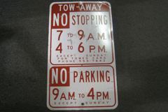Sign-Tow-away No Stopping 7 to 9AM 2 to 6PM Except Sunday No Parking, stock number S-1254