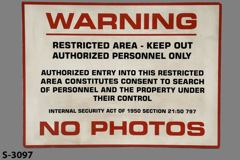 Sign-Warning Restricted Area - Keep Out Authorized Personnel Only, stock number S-3097